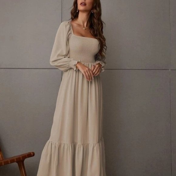 Boho Khaki Square Neck Shirred Ruffle Hem Dress - Picture 5 of 5